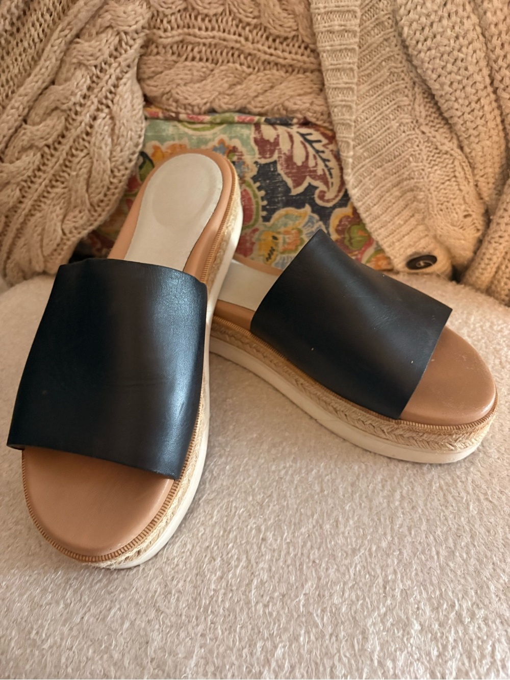 Aquatalia Black Leather Slides with Tan Footbed